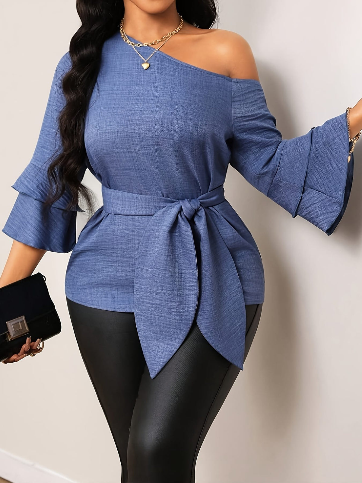 KissICON 【imitation denim】Plus Size - Elegant Plus-Size Solid Color Shirt with a Faux Denim Look, Featuring a Slanted Shoulder And a Belt, with Three-Quarter Sleeves.