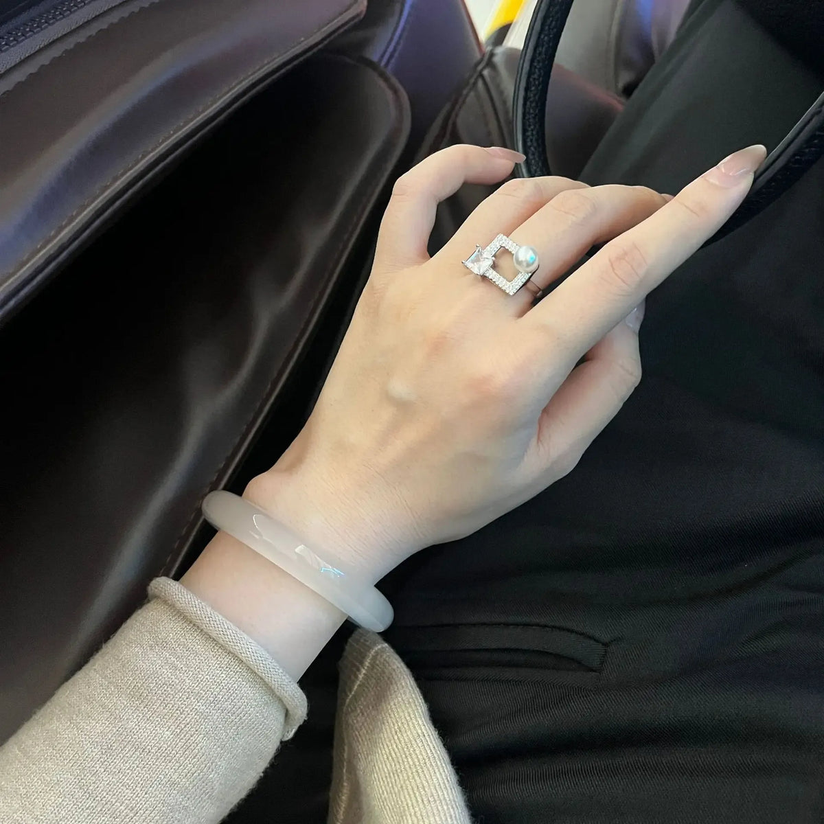 KissICON Inlaid with diamonds pearls moon rings for women high-end fashion light luxury square rings choice banquet jewelry gifts