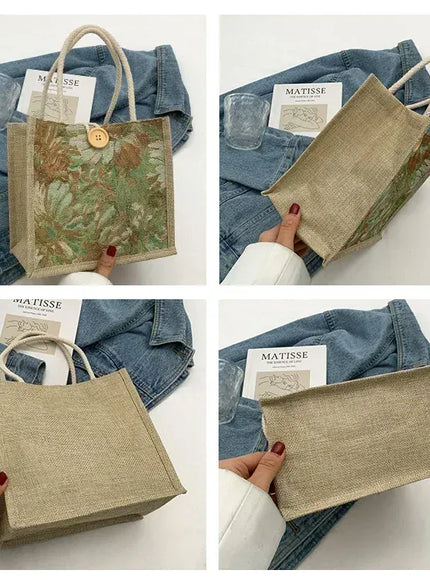 KissICON Ins Hand Linen Students Handbags Top-handle Bags