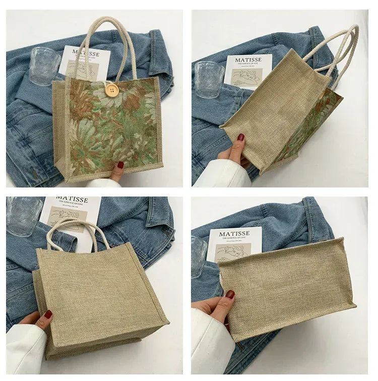 KissICON Ins Hand Linen Students Handbags Top-handle Bags