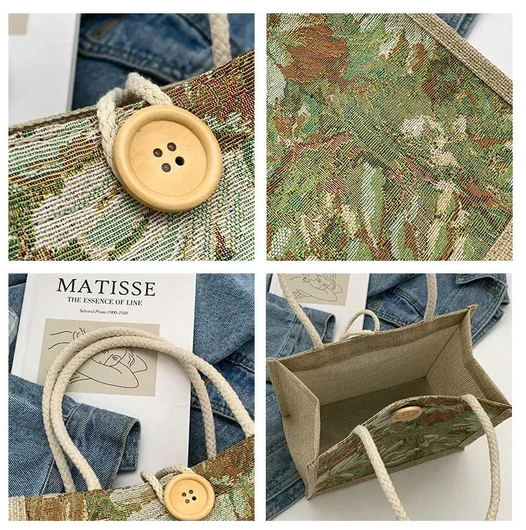 KissICON Ins Hand Linen Students Handbags Top-handle Bags