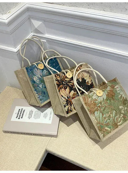 KissICON Ins Hand Linen Students Handbags Top-handle Bags
