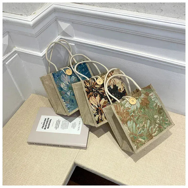 KissICON Ins Hand Linen Students Handbags Top-handle Bags