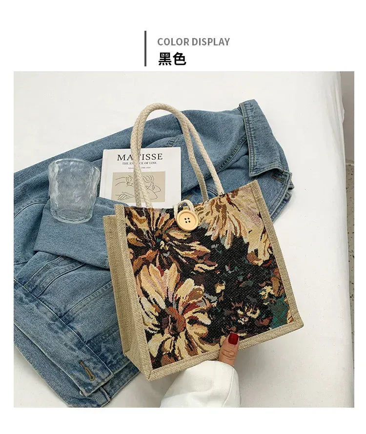 KissICON Ins Hand Linen Students Handbags Top-handle Bags
