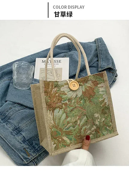 KissICON Ins Hand Linen Students Handbags Top-handle Bags