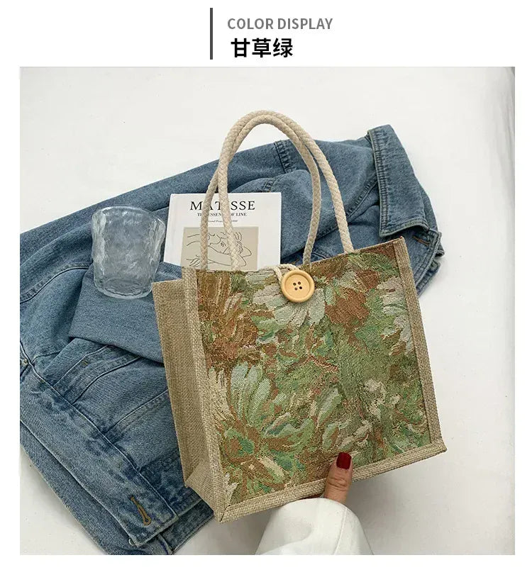 KissICON Ins Hand Linen Students Handbags Top-handle Bags