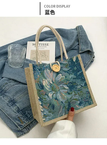 KissICON Ins Hand Linen Students Handbags Top-handle Bags