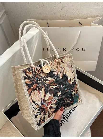 KissICON Ins Hand Linen Students Handbags Top-handle Bags