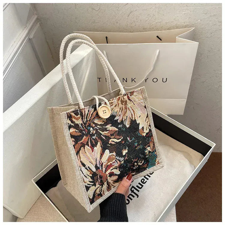 KissICON Ins Hand Linen Students Handbags Top-handle Bags