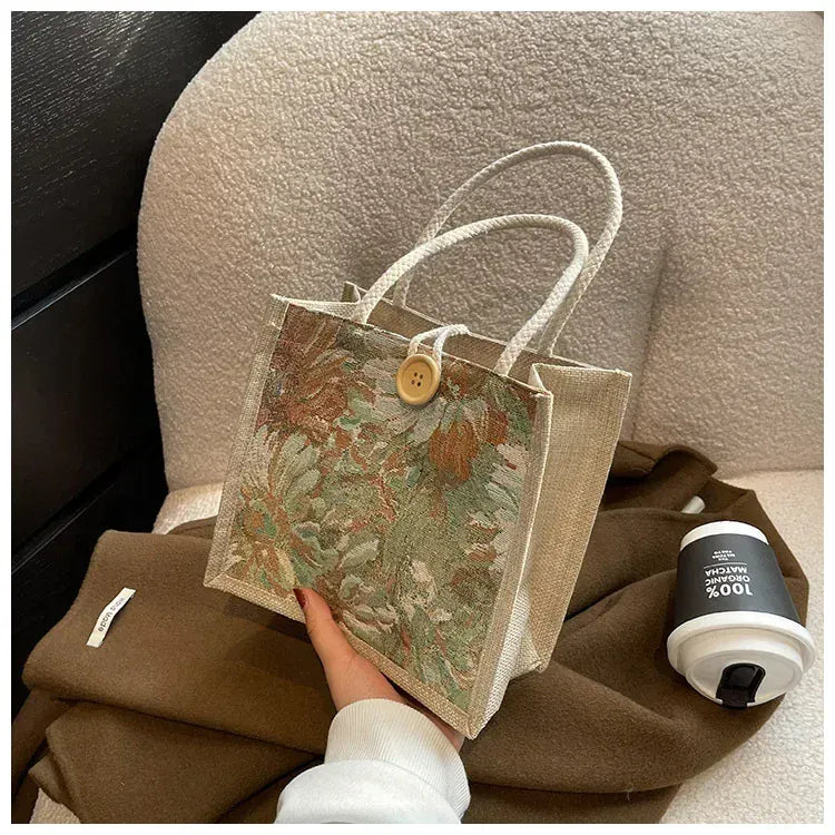 KissICON Ins Hand Linen Students Handbags Top-handle Bags