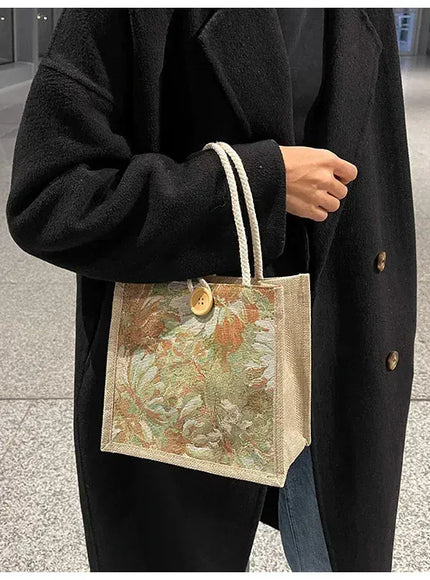 KissICON Ins Hand Linen Students Handbags Top-handle Bags