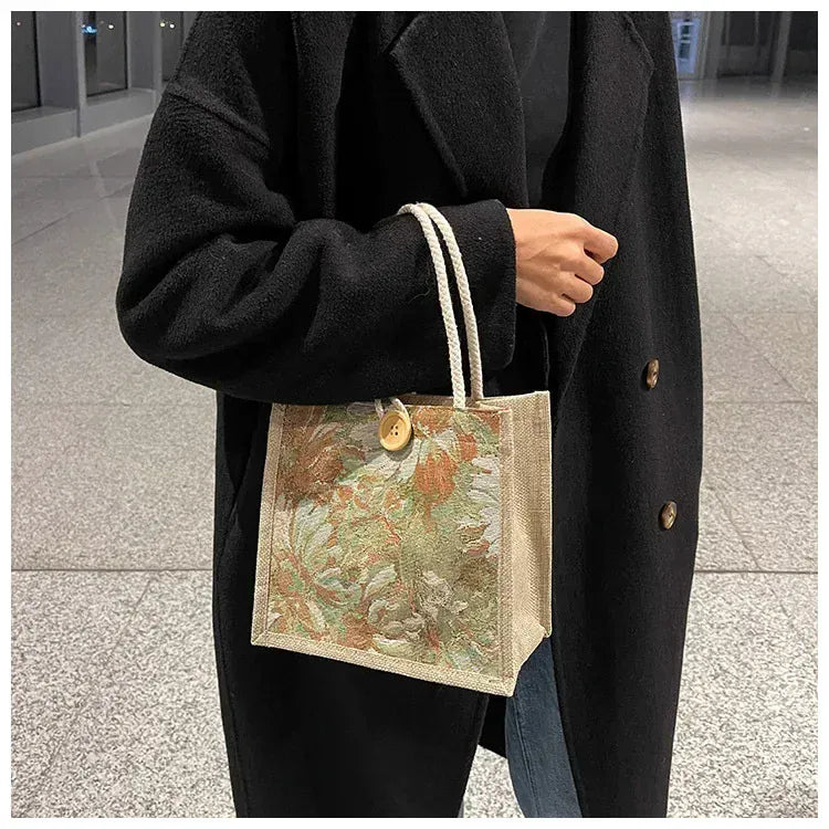 KissICON Ins Hand Linen Students Handbags Top-handle Bags