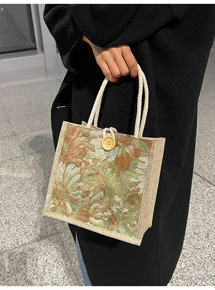KissICON Ins Hand Linen Students Handbags Top-handle Bags