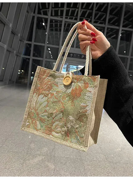 KissICON Ins Hand Linen Students Handbags Top-handle Bags