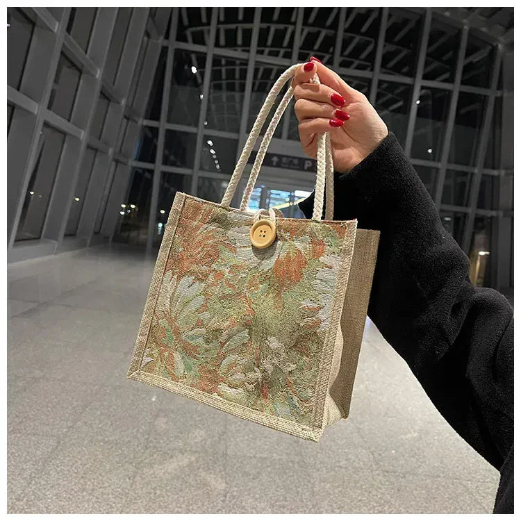 KissICON Ins Hand Linen Students Handbags Top-handle Bags