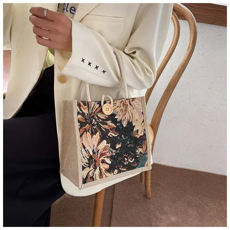 KissICON Ins Hand Linen Students Handbags Top-handle Bags