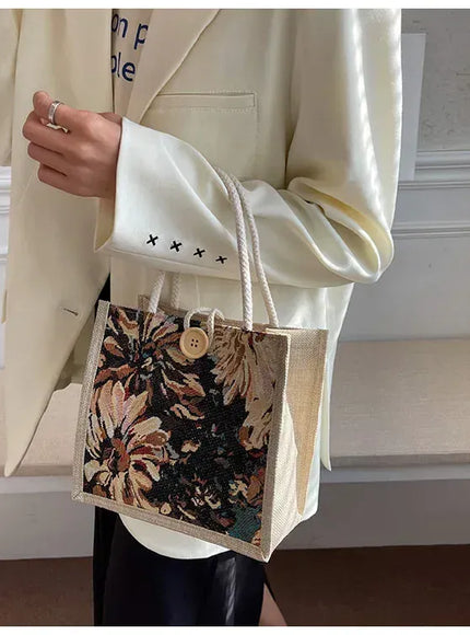 KissICON Ins Hand Linen Students Handbags Top-handle Bags
