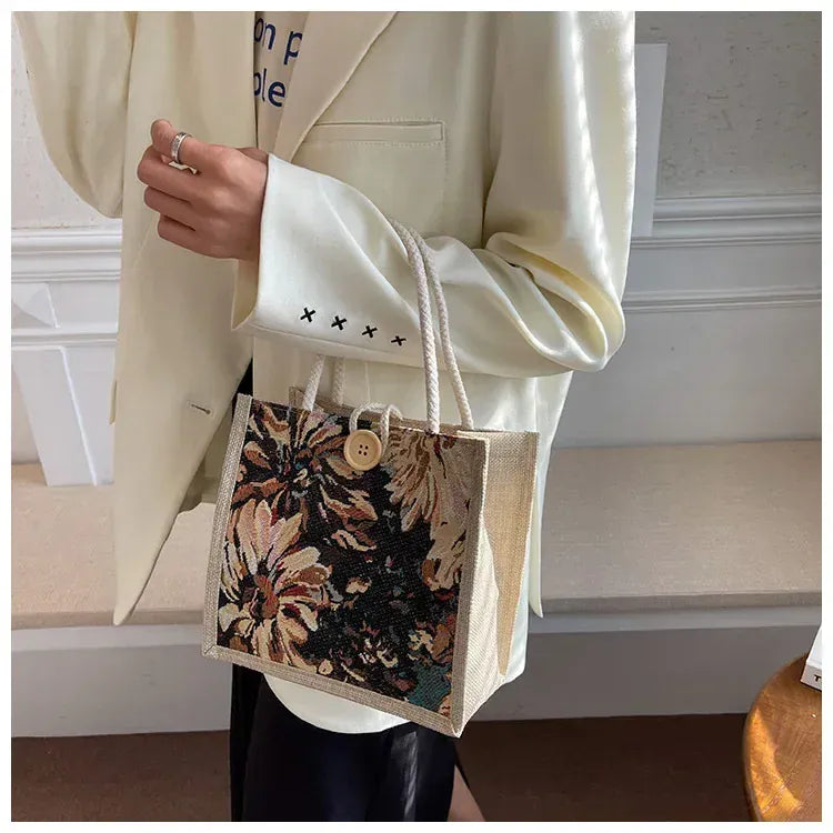 KissICON Ins Hand Linen Students Handbags Top-handle Bags
