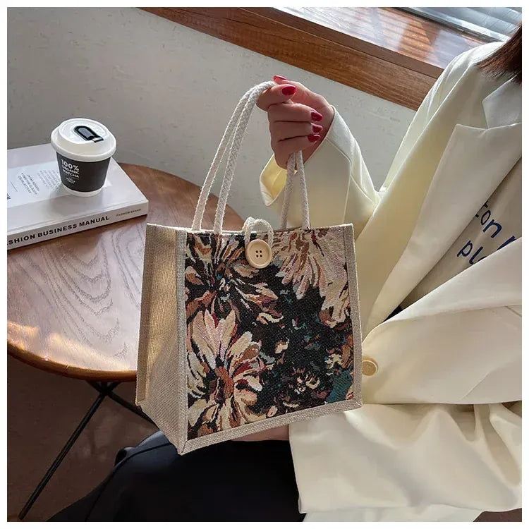 KissICON Ins Hand Linen Students Handbags Top-handle Bags