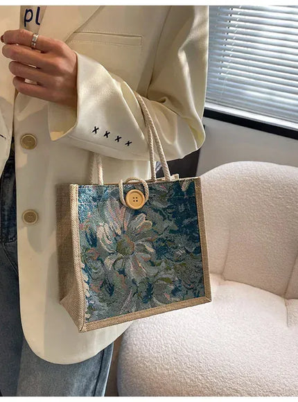 KissICON Ins Hand Linen Students Handbags Top-handle Bags
