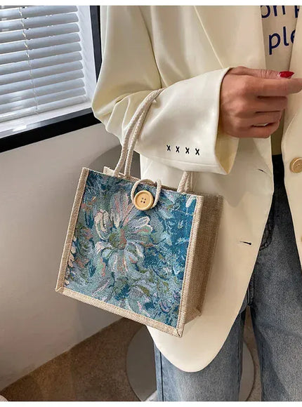 KissICON Ins Hand Linen Students Handbags Top-handle Bags