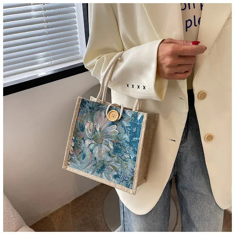 KissICON Ins Hand Linen Students Handbags Top-handle Bags