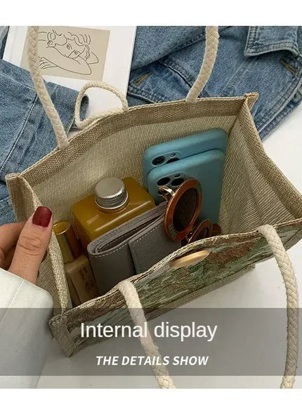 KissICON Ins Hand Linen Students Handbags Top-handle Bags