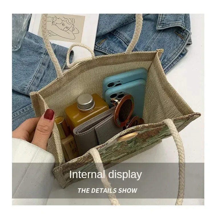 KissICON Ins Hand Linen Students Handbags Top-handle Bags