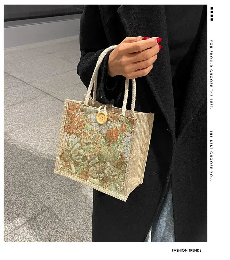 KissICON Ins Hand Linen Students Handbags Top-handle Bags