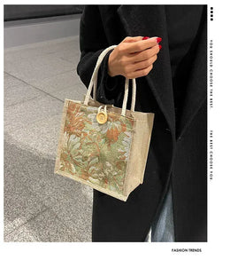 KissICON Ins Hand Linen Students Handbags Top-handle Bags