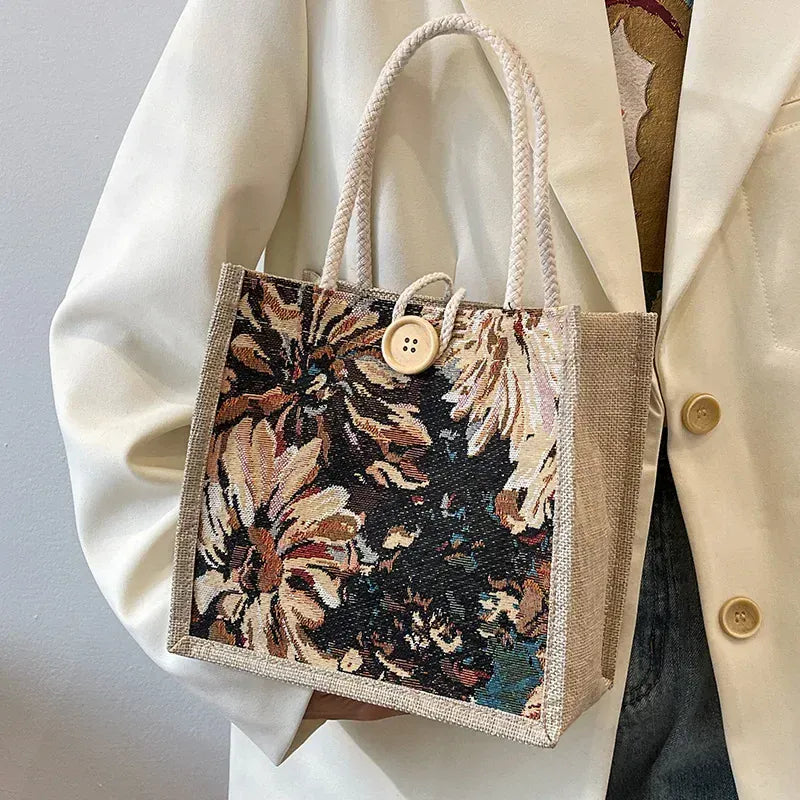 KissICON Ins Hand Linen Students Handbags Top-handle Bags