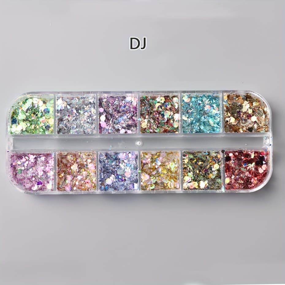 KissICON Iridescent Hexagon Nail Glitter Sequin 12 Grids Box