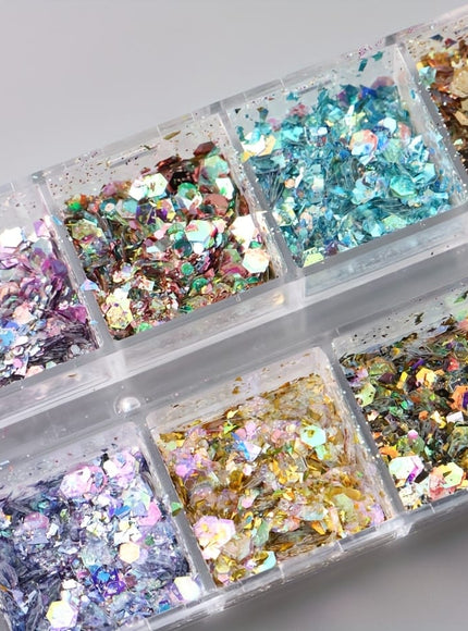 KissICON Iridescent Hexagon Nail Glitter Sequin 12 Grids Box