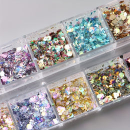 KissICON Iridescent Hexagon Nail Glitter Sequin 12 Grids Box