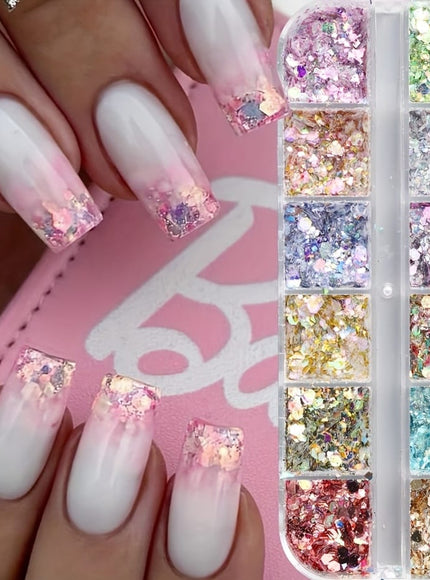 KissICON Iridescent Hexagon Nail Glitter Sequin 12 Grids Box
