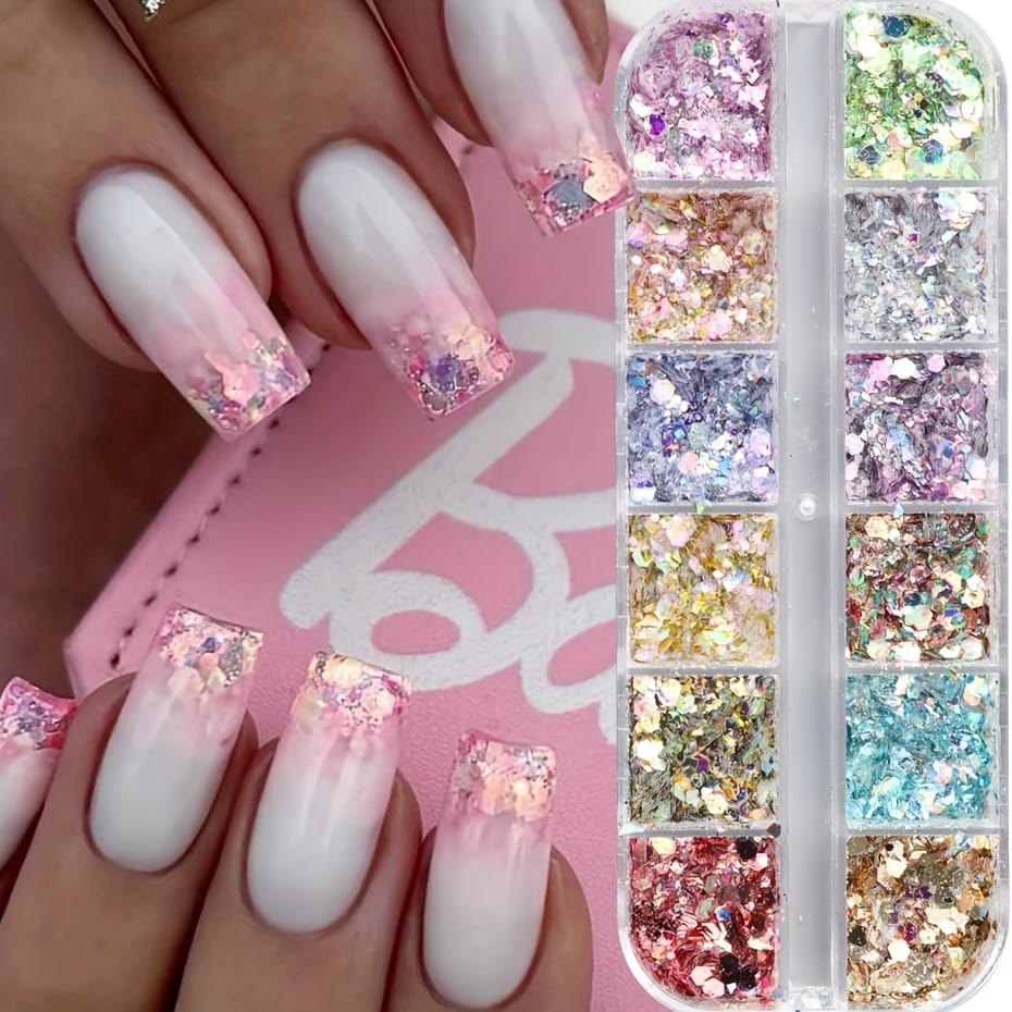 KissICON Iridescent Hexagon Nail Glitter Sequin 12 Grids Box