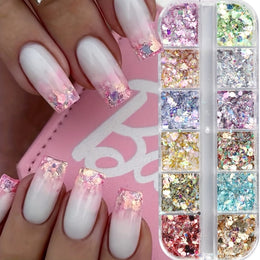 KissICON Iridescent Hexagon Nail Glitter Sequin 12 Grids Box