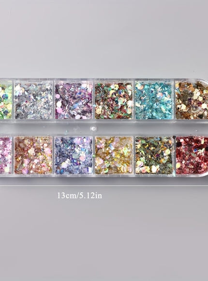 KissICON Iridescent Hexagon Nail Glitter Sequin 12 Grids Box