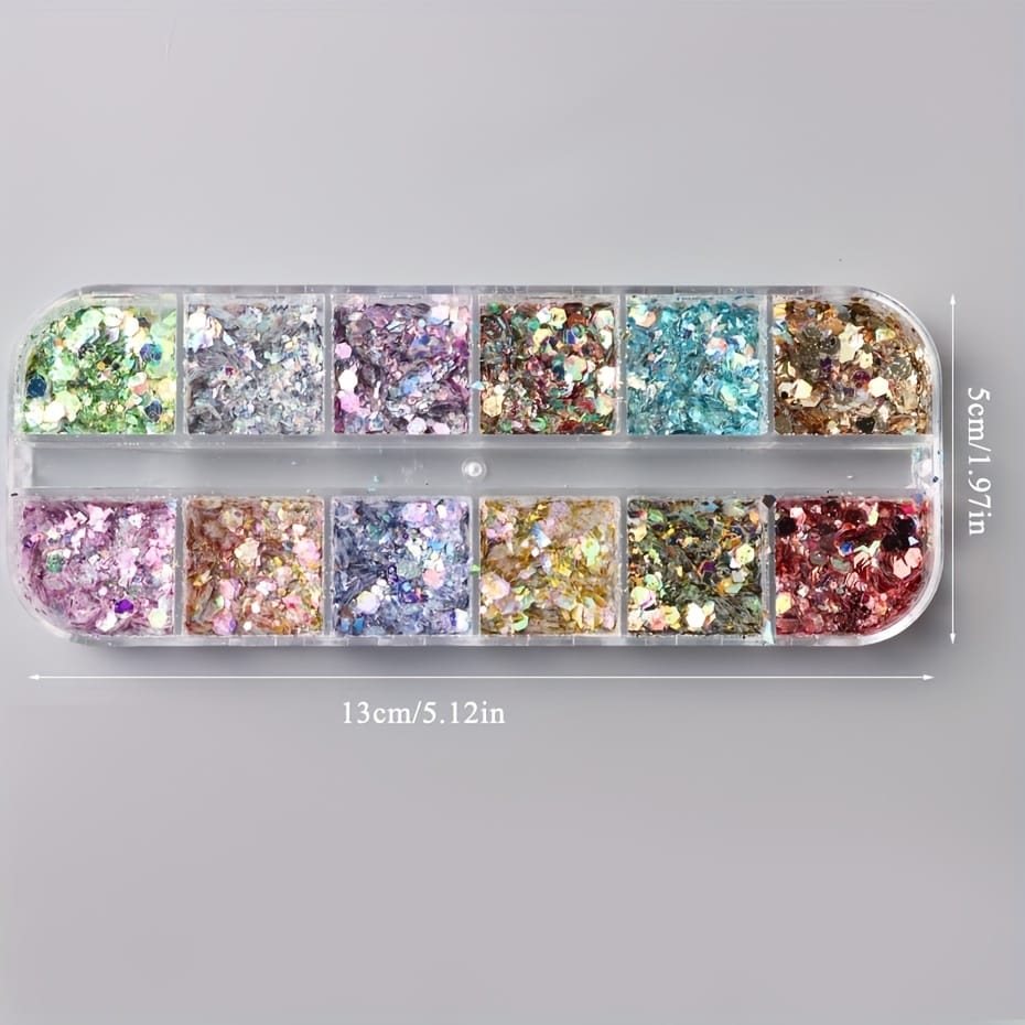 KissICON Iridescent Hexagon Nail Glitter Sequin 12 Grids Box