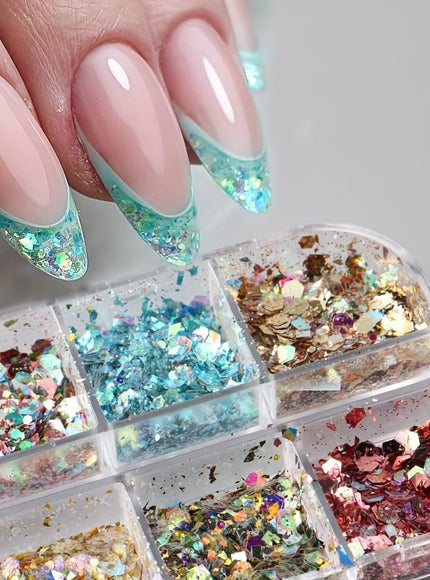 KissICON Iridescent Hexagon Nail Glitter Sequin 12 Grids Box