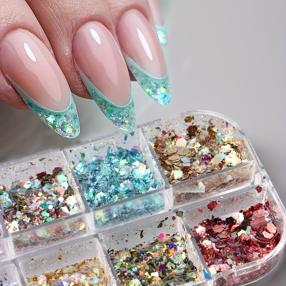 KissICON Iridescent Hexagon Nail Glitter Sequin 12 Grids Box