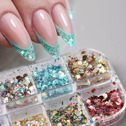 KissICON Iridescent Hexagon Nail Glitter Sequin 12 Grids Box