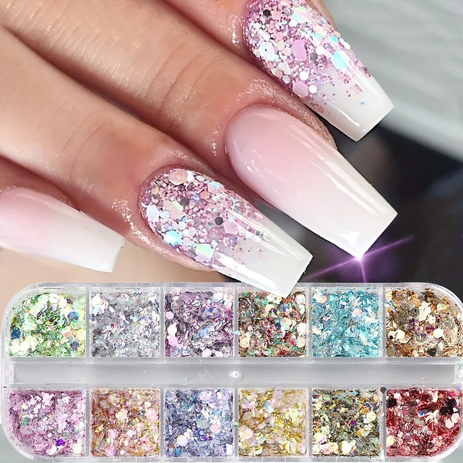 KissICON Iridescent Hexagon Nail Glitter Sequin 12 Grids Box