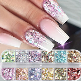 KissICON Iridescent Hexagon Nail Glitter Sequin 12 Grids Box