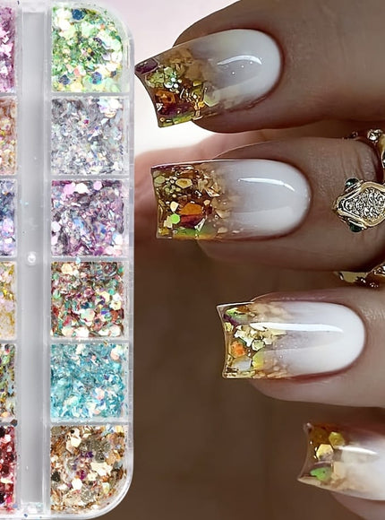 KissICON Iridescent Hexagon Nail Glitter Sequin 12 Grids Box