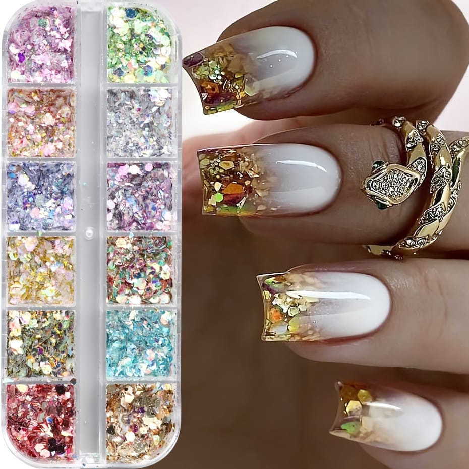 KissICON Iridescent Hexagon Nail Glitter Sequin 12 Grids Box