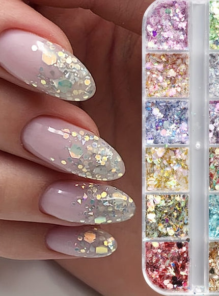 KissICON Iridescent Hexagon Nail Glitter Sequin 12 Grids Box