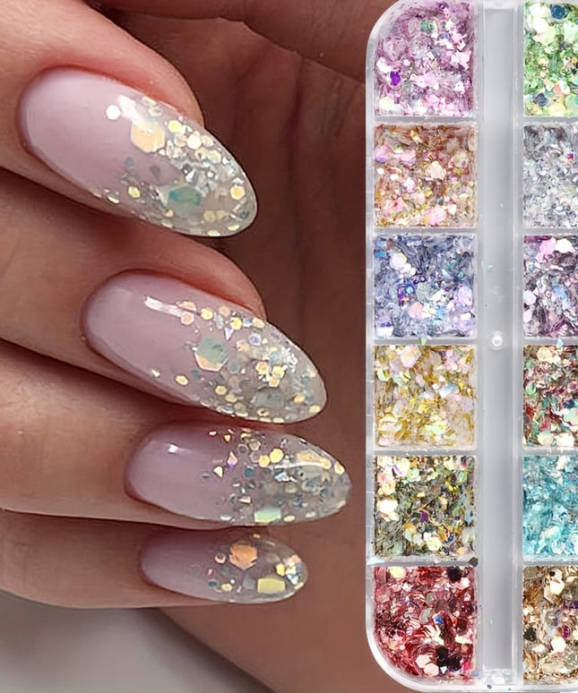 KissICON Iridescent Hexagon Nail Glitter Sequin 12 Grids Box