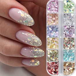 KissICON Iridescent Hexagon Nail Glitter Sequin 12 Grids Box