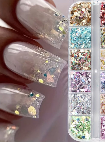 KissICON Iridescent Hexagon Nail Glitter Sequin 12 Grids Box